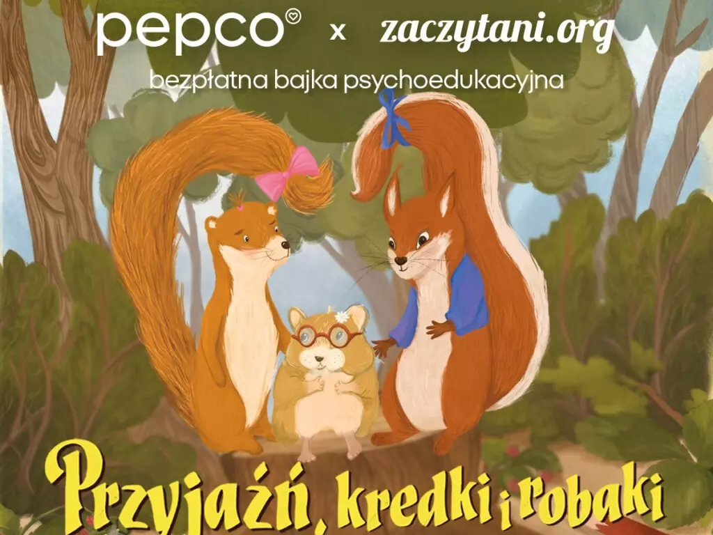 Ilustracja bajki psychoedukacyjnej Pepco x zaczytani.org z wiewiórką, chomikiem i lisem w lesie, zatytułowana "Przyjaźń, kredki i robaki".